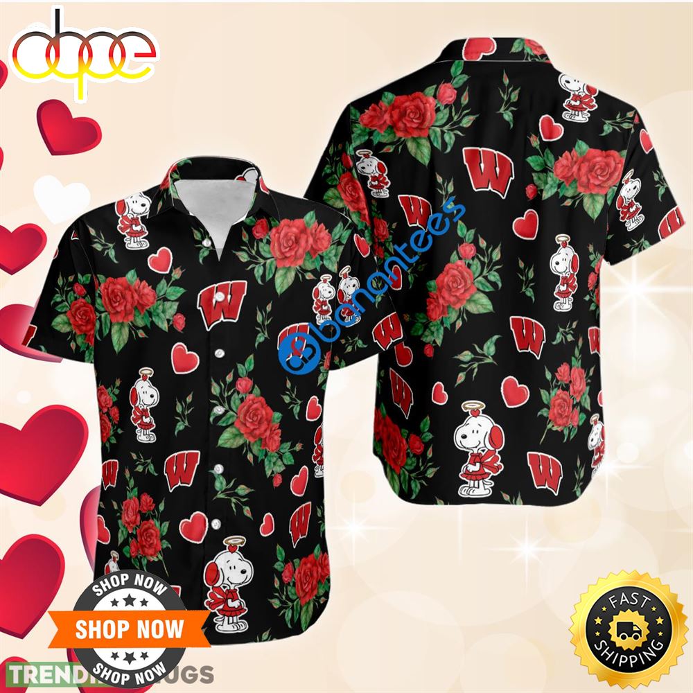 Rose Love Snoopy Cute Girl And Wisconsin Badgers Hawaiian Shirt AOP Valentines Day Hdsf1f.jpg