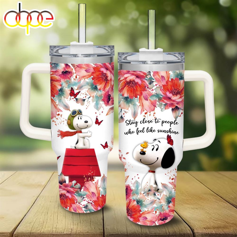 Snoopy Flower Pattern 40oz Tumbler With Handle And Straw Lid