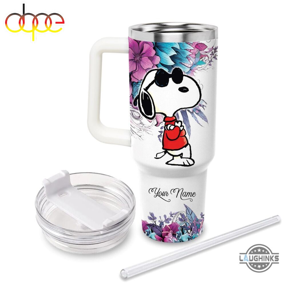Snoopy Stanley Cup 40 Oz Custom Name Just A Girl Who Loves Snoopy Flower Pattern 40Oz Stainless Steel Tumbler With Handle And Straw Lid Peanuts Cups Gift