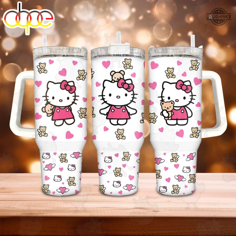 Stanley Valentines Day Tumbler 40 Oz X Hello Kitty Pink Stanless Steel Cup With Handle Sanrio Cartoon 40Oz Quencher Tumblers Valentines Day Gift