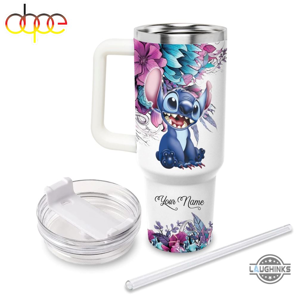 Stich Cup 40 Oz Personalized Lilo And Stitch Disney Stanley Cup Custom Name Just A Girl Who Loves Stitch Flower Pattern 40Oz Tumbler With Handle And Straw Lid Gift