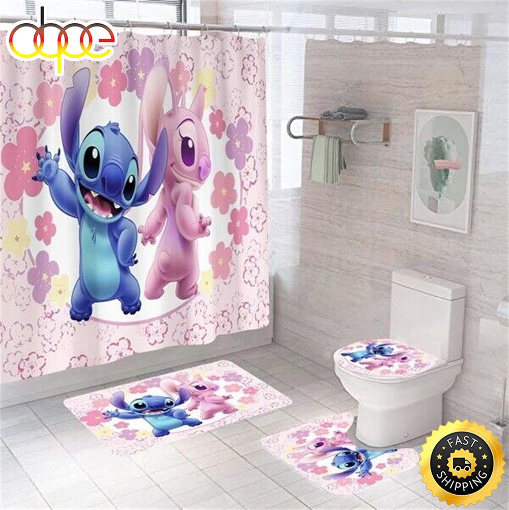 Stitch Bathroom Set Shower Curtain Bath Mat Toilet Lid Cover