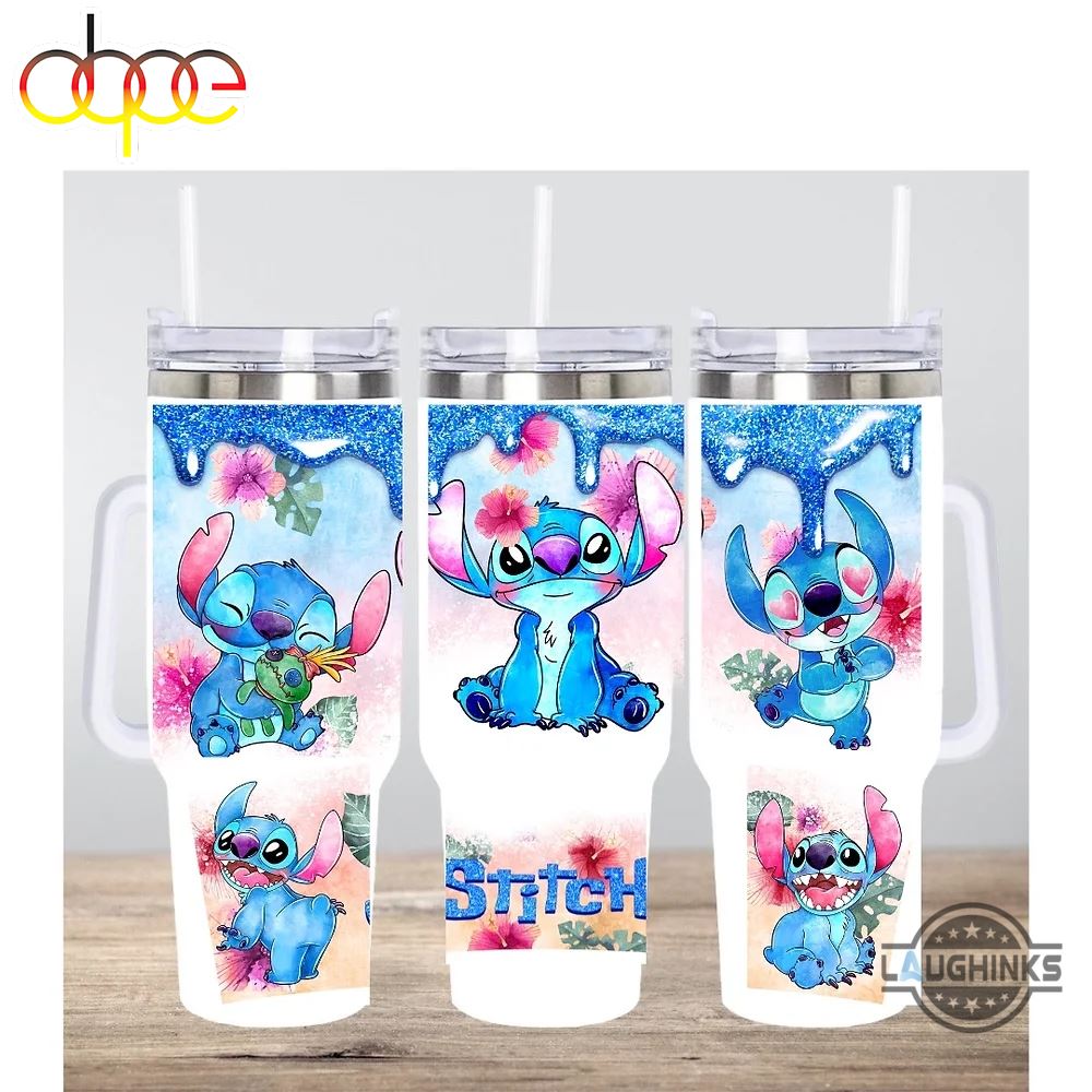 Stitch Cup With Straw Floral Disney Cartoon Lilo And Stitch Aloha Hawaiian 40Oz Stainless Steel Stanley Tumbler Dupe Cup With Handle NEW