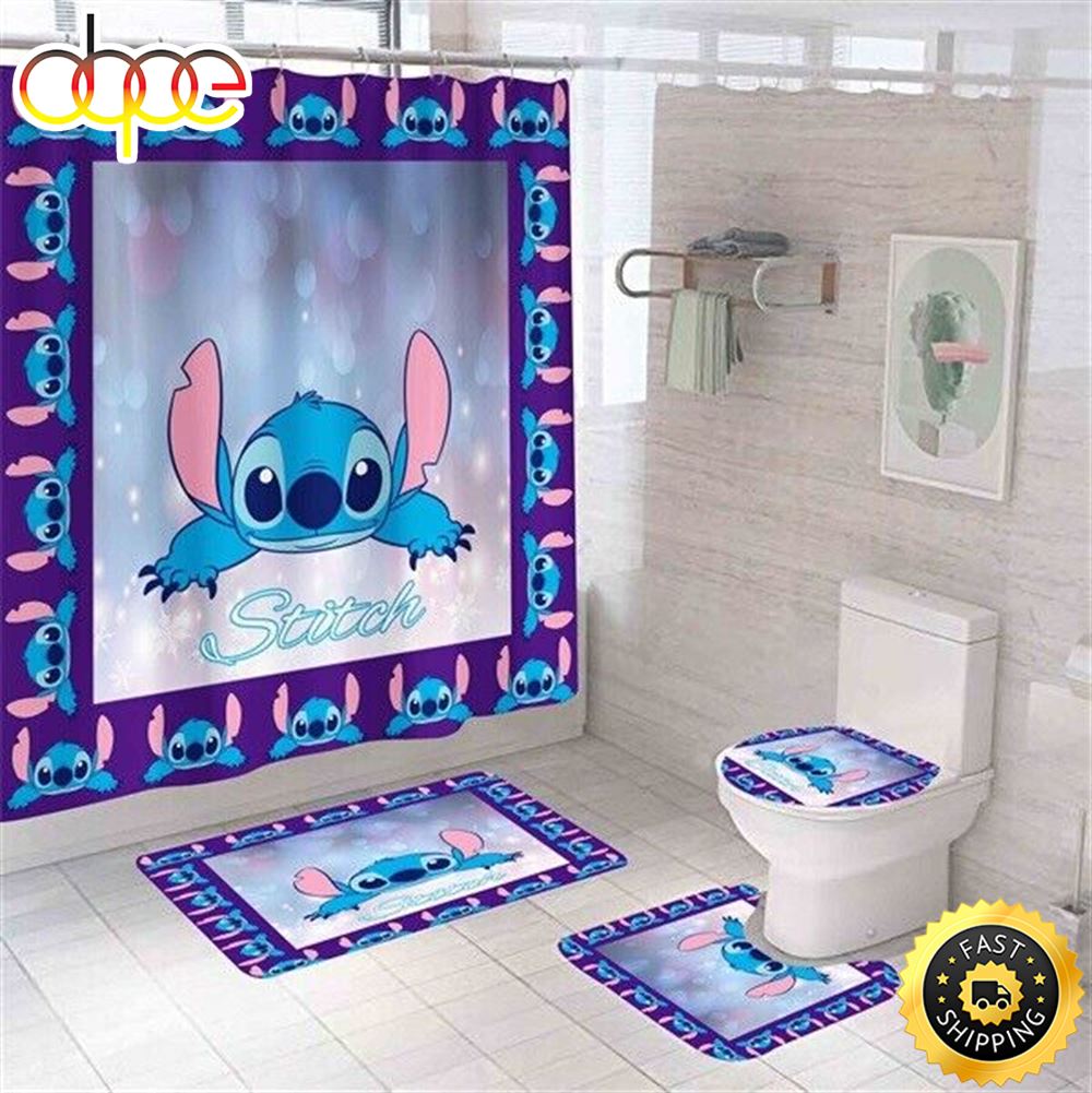 Stitch Set Shower Curtain Bath Mat Toilet Lid Cover