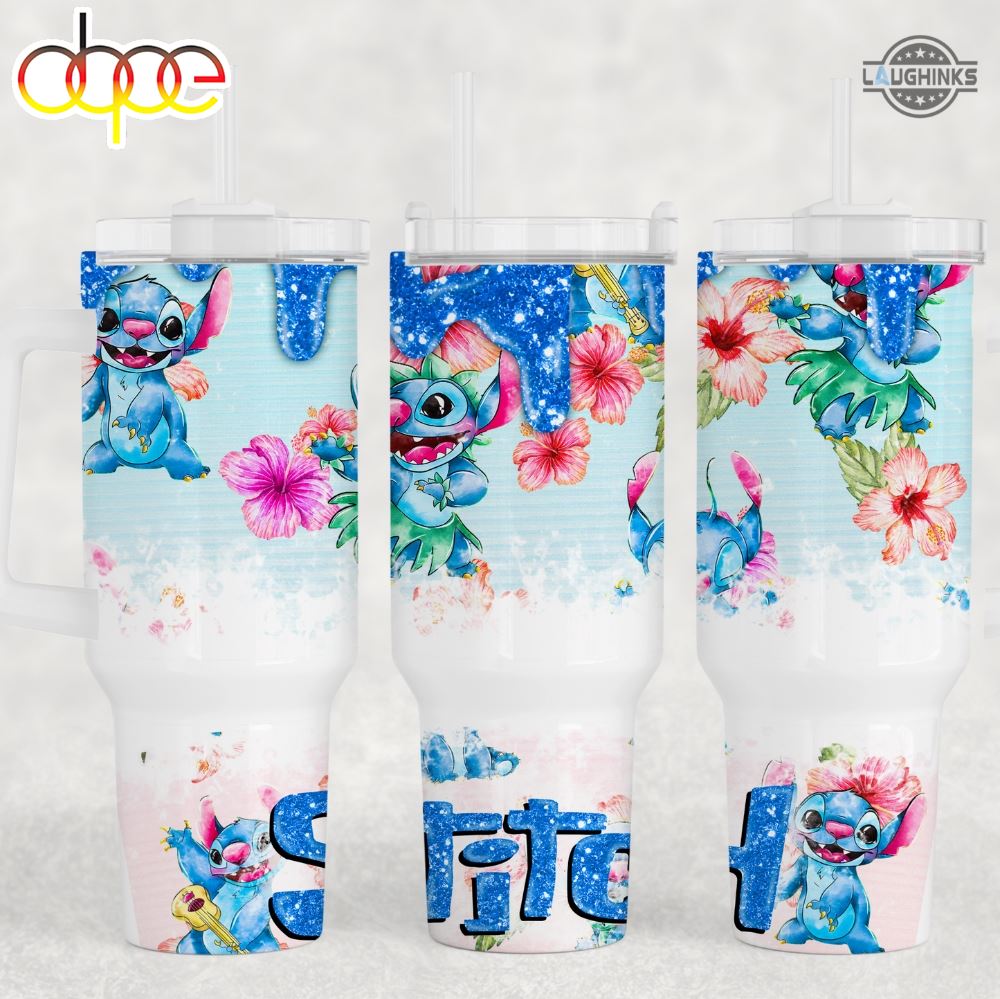 Stitch Stanley Tumbler 40 Oz Faux Glitter Lilo And Stitch Stainless Steel Cup 40Oz Disney Cartoon Travel Cups With Handle Hawaiian Hibiscus Aloha Floral Mugs