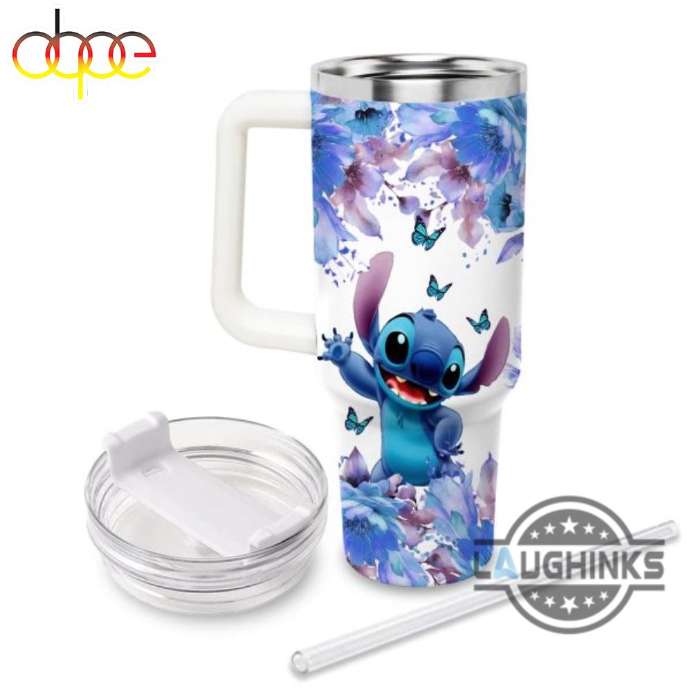 Stitch Stuff Lilo And Stitch Stanley Cups 40 Oz Ohana Means Family Stitch Flower Pattern 40Oz Stainless Steel Tumbler With Handle And Straw Lid NEW