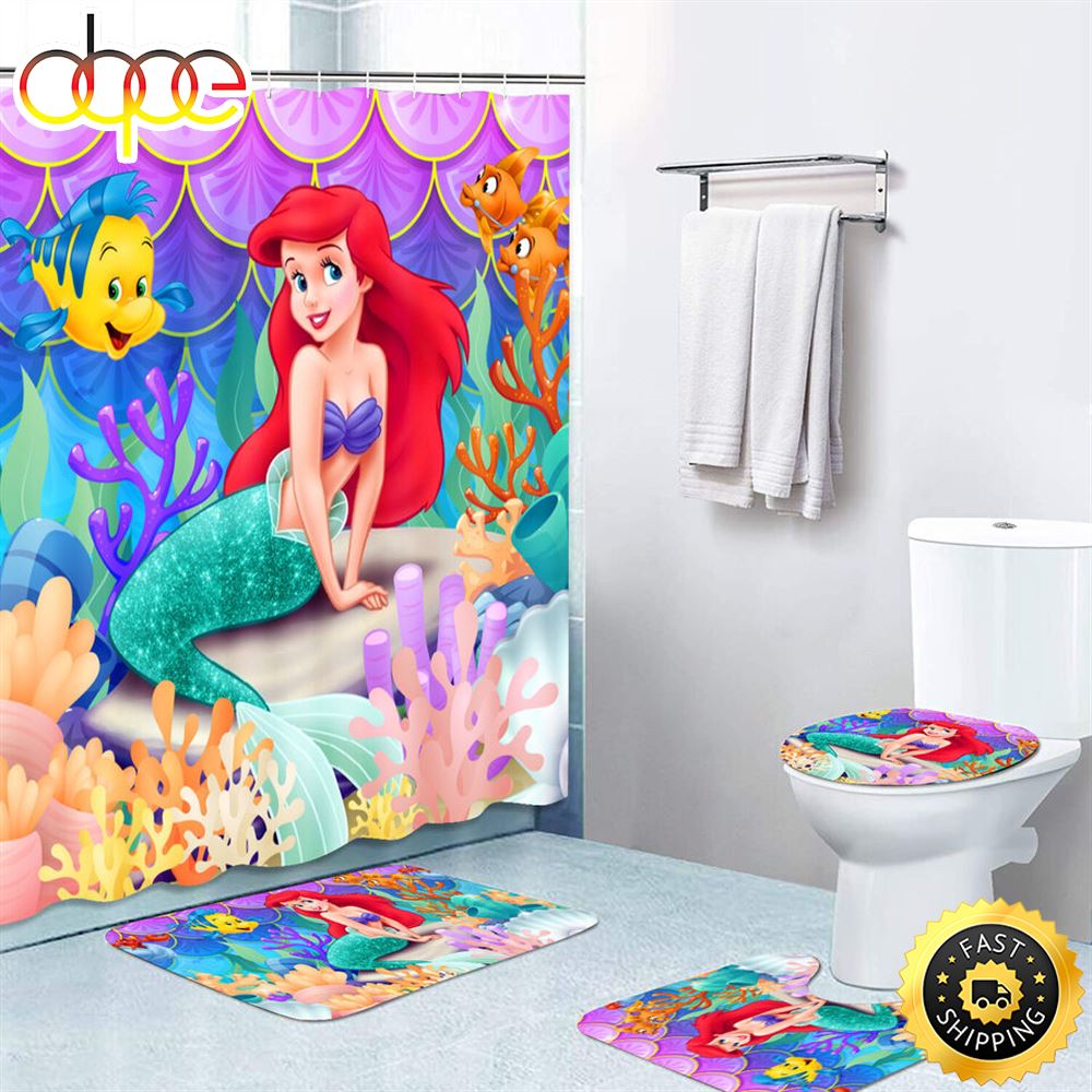 Super Mario Thomas Mermaid Bathroom Set Shower Curtain Bath Mat Toilet Lid Cover