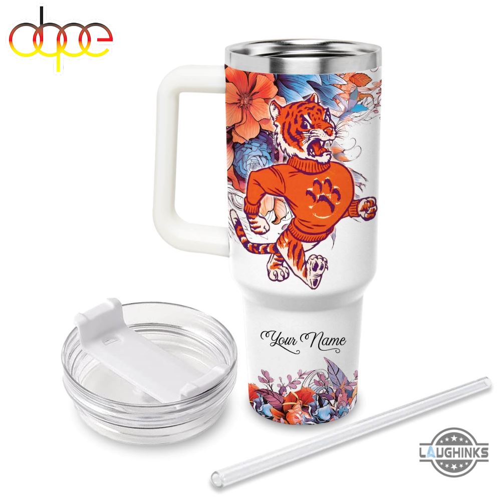 Tigers Cup 40 Oz Custom Name Just A Girl Who Loves Clemson Tigers Sports Mascot Flower Pattern 40Oz Stainless Steel Tumbler With Handle And Straw Lid Gift