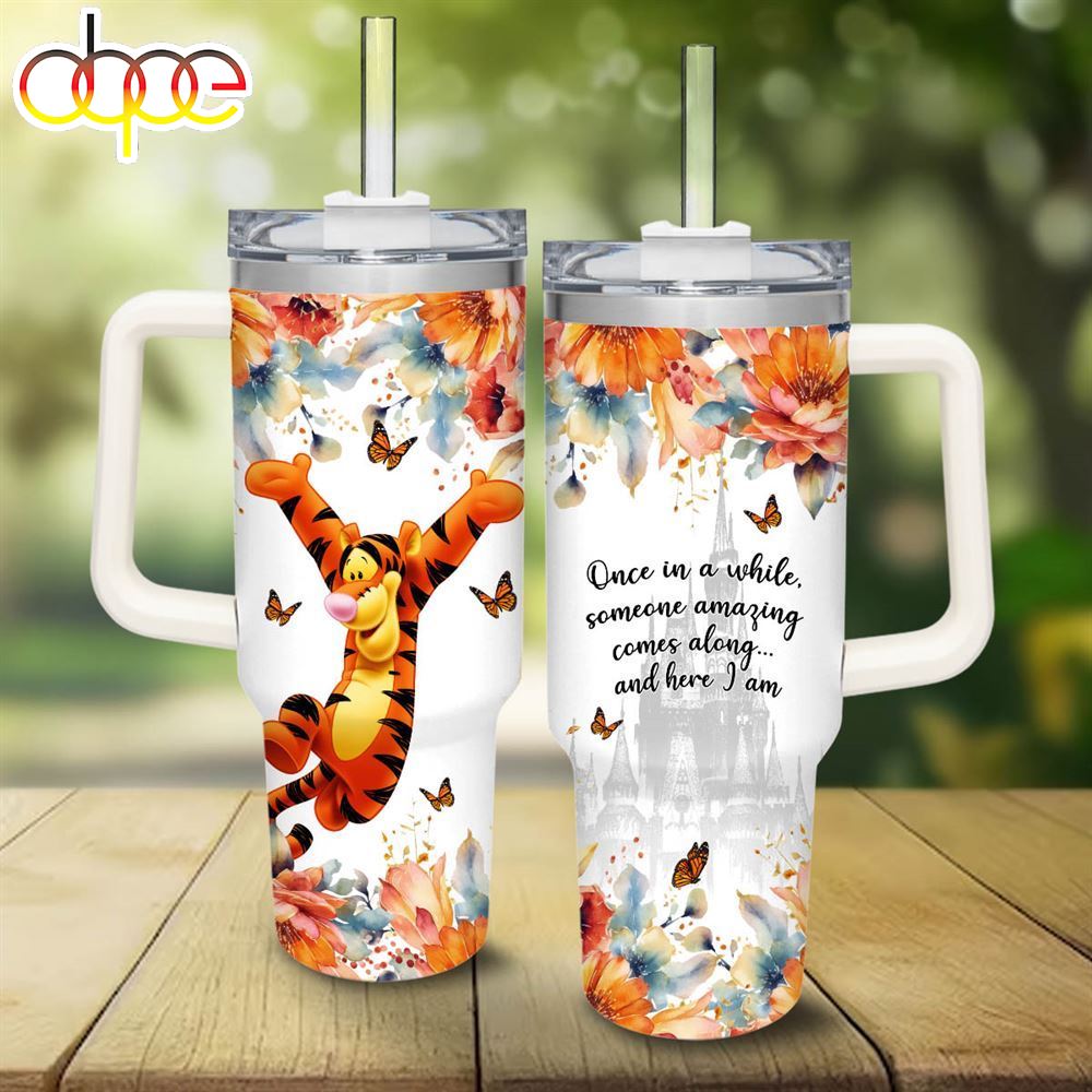Tigger Flower Pattern 40oz Tumbler With Handle And Straw Lid