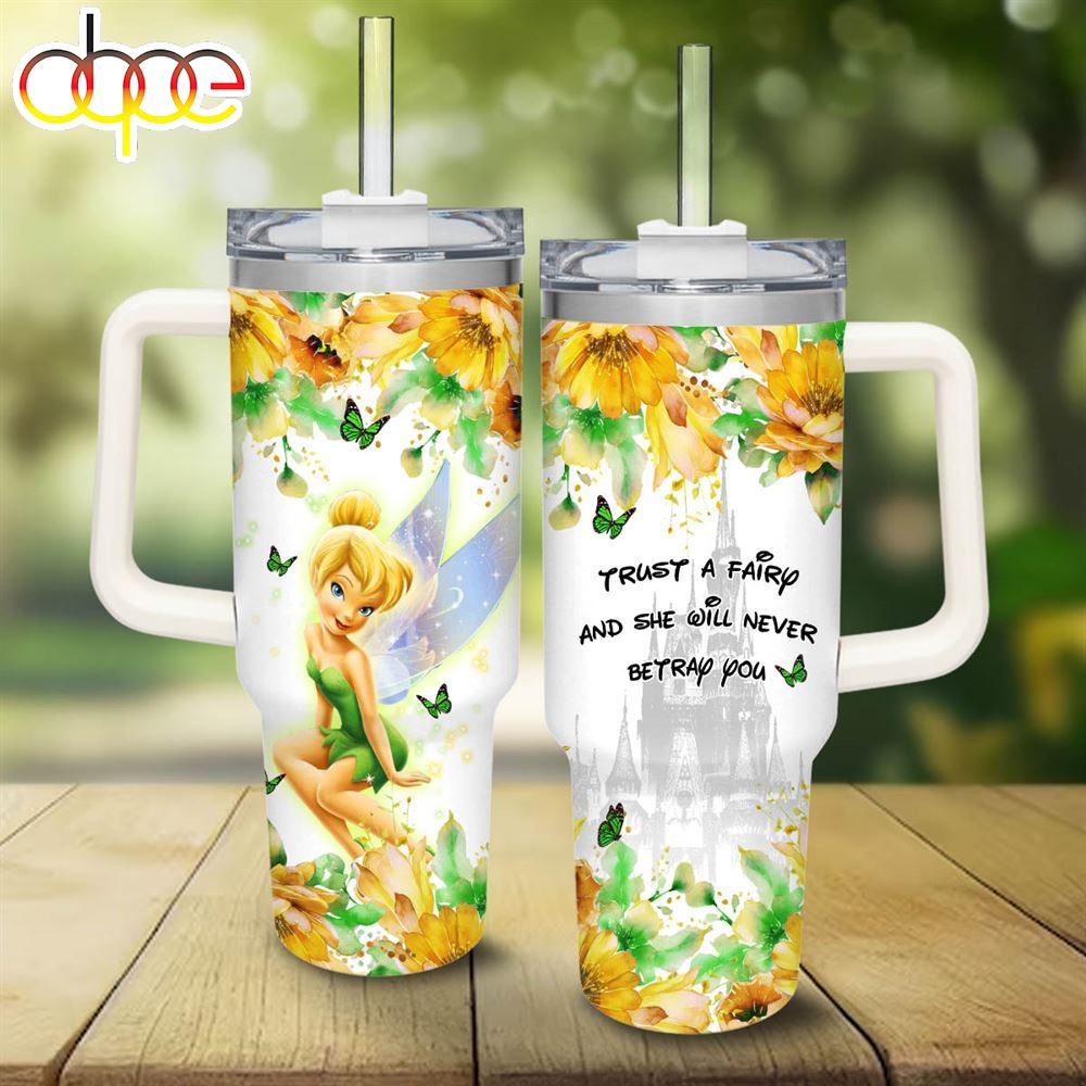 Tinker Bell Flower Pattern 40oz Tumbler With Handle And Straw Lid