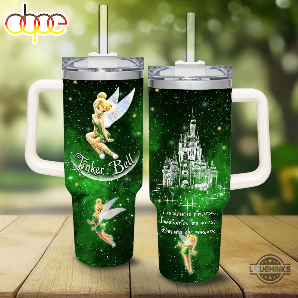Tinkerbell Cup 40 Oz Disneytinker Bell Castle Glitter Pattern 40Oz Stainless Steel Stanley Tumbler With Handle And Straw Lid Dreams Are Forever