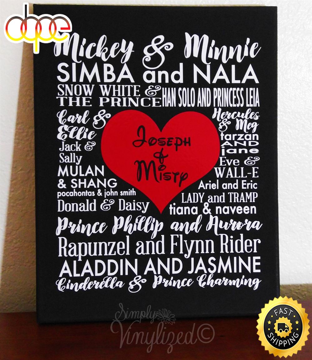 Valentine Day Personalized Disney Couple Names On Canvas