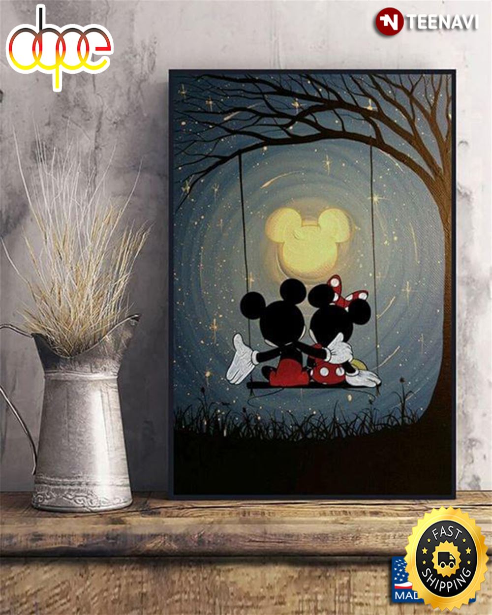 Valentine Day Romantic Disney Mickey Mouse Minnie Mouse On The Swing Canvas Poster