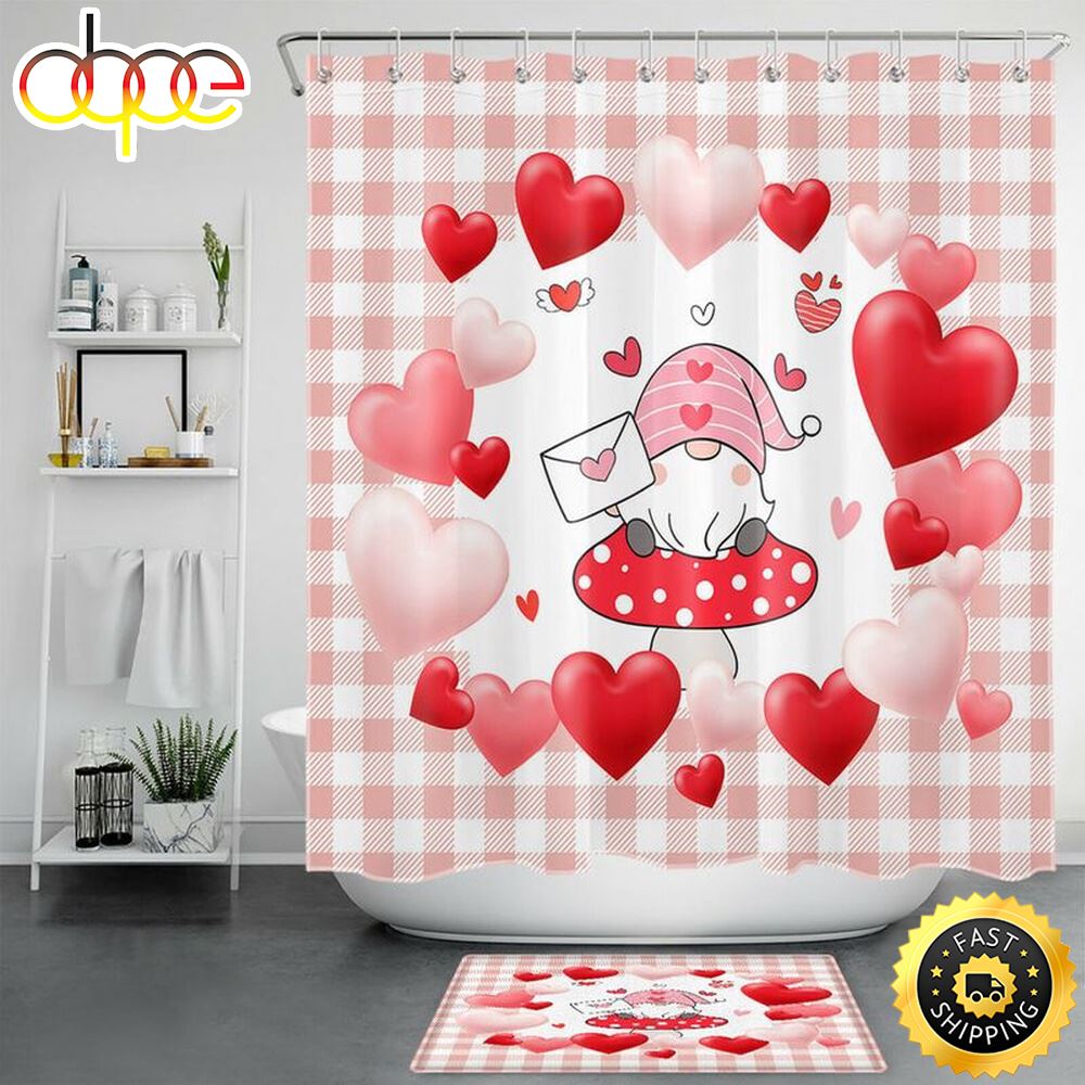 Valentine Gnome Hearts Shower Curtains Valentine Bathroom Decor Girlfriend Gift Idea