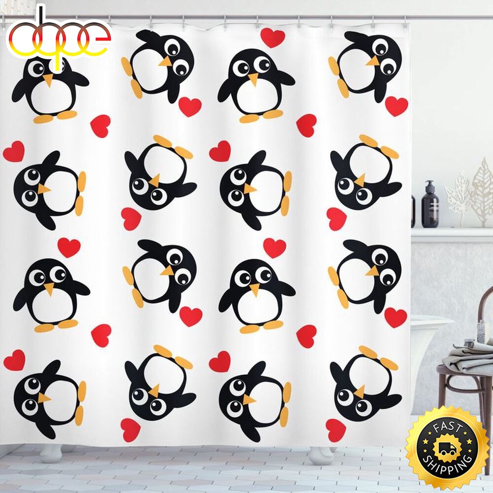 Valentine Penguin Pattern Shower Curtains Gift For Penguins Lovers Romancecore Bathroom Home Decor