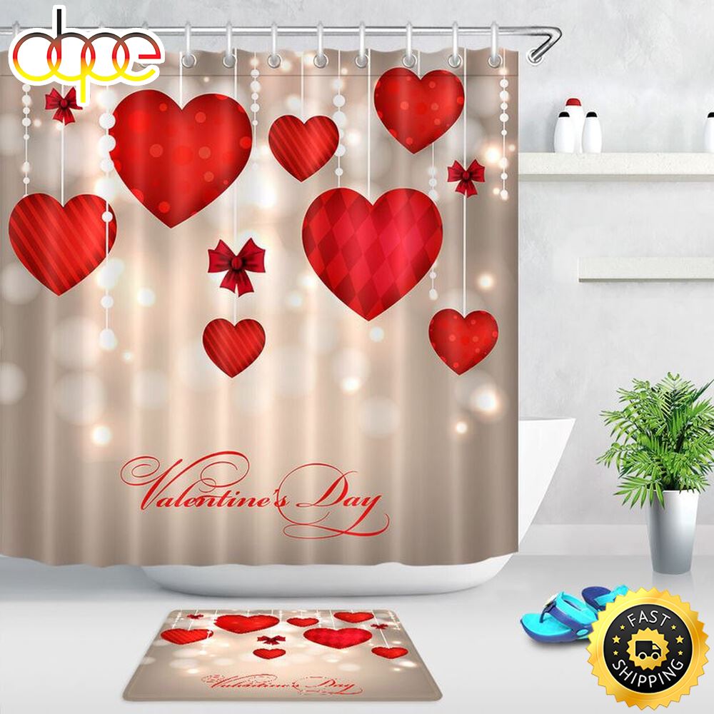 Valentine Shower Curtain Decorative Hearts Bathroom Decor Red Hearts Valentines Day Housewarming