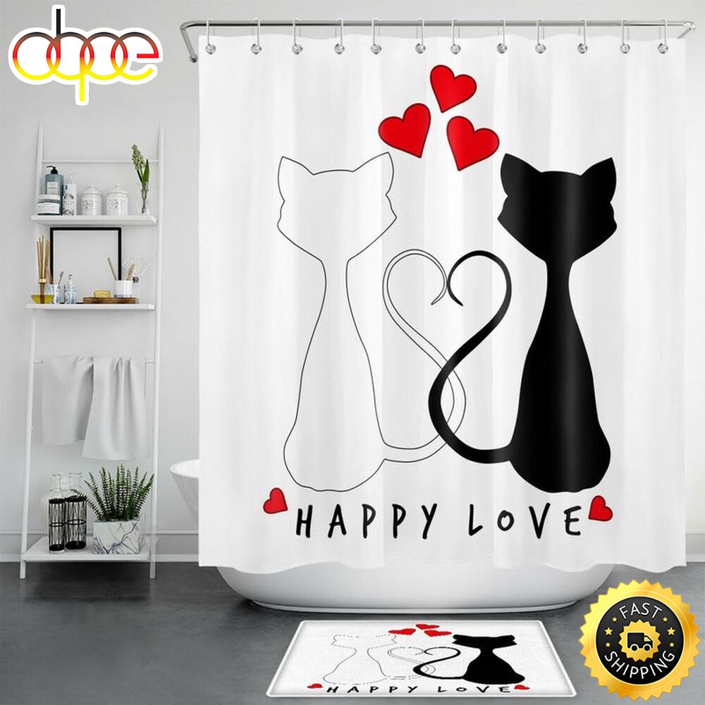 Valentines Cat Couple Shower Curtains Happy Love Bathroom Curtains Valentine Decor Bathroom Decor