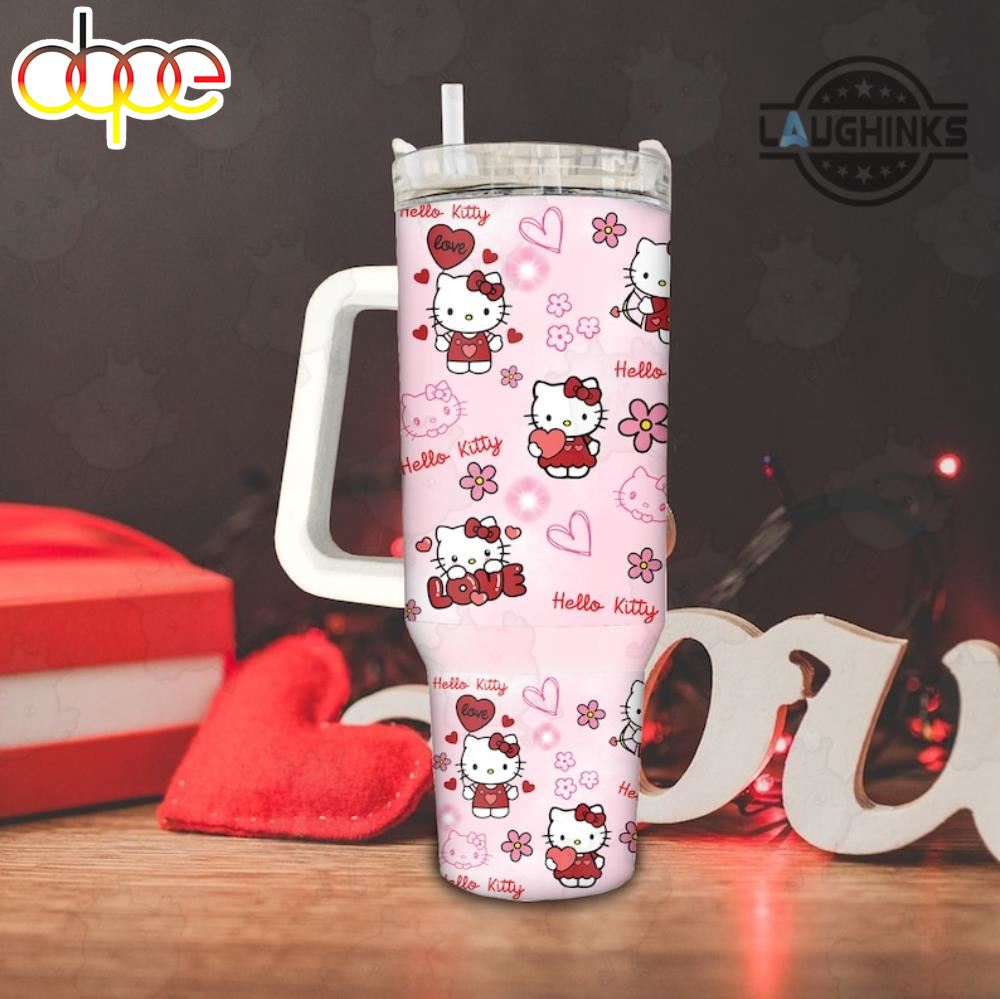 Valentines Day Stanley Cup 40 Oz X Hello Kitty Sanrio Valentines Day Gift For Her Pink Cat Stainless Steel Tumbler Cartoon Movies 40Oz Cups