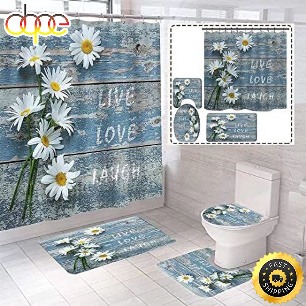 Valentines Live Love Laugh Shower Curtains Bathroom Set Daisy Flower Bathroom Decoration Gift For Family