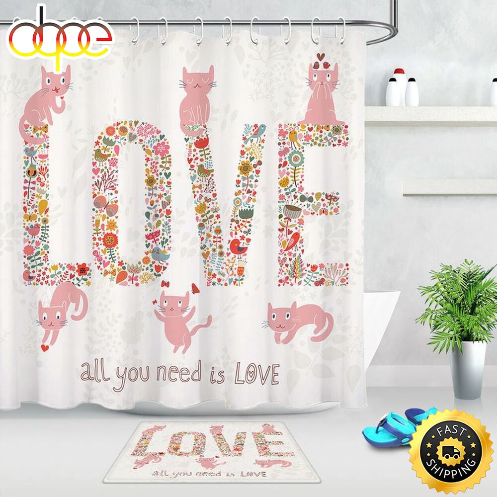 Valentines Love Shower Curtains Cute Cat Bathroom Set Valentines Day Decor Cats Lovers Gift Pet Lovers Gift