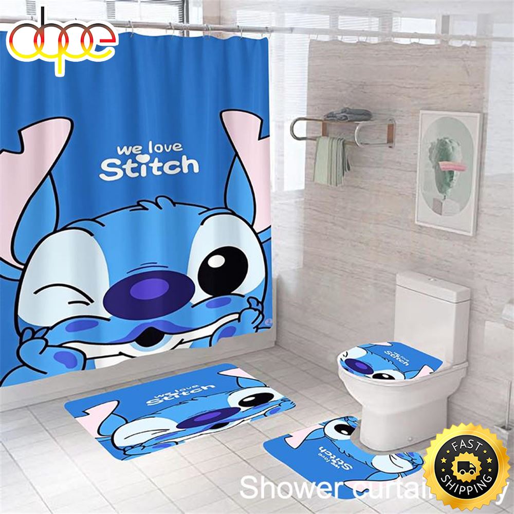 We Love Lilo Stitch Waterproof Shower Curtain Bathroom Mat Rug Toilet Cover Mat