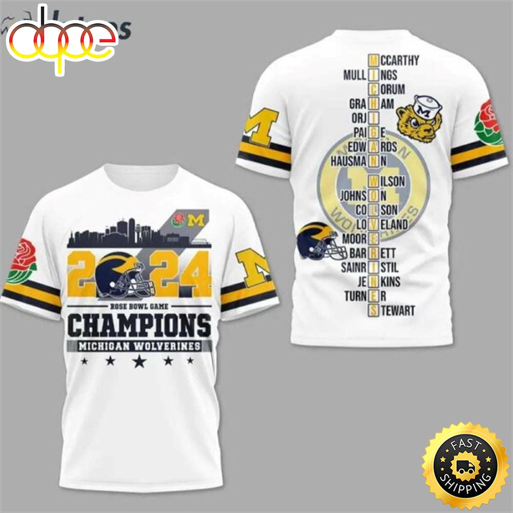 White 2024 Rose Bowl Champs Michigan Football 3d Shirt Tshirt