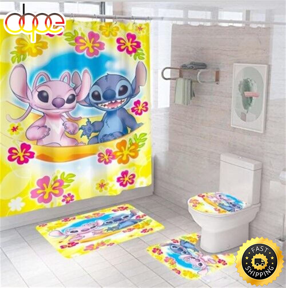 Yellow Lilo Stitch Cartoon Gift Waterproof Shower Curtain Toilet Cover Mat Lid Set 4pcs