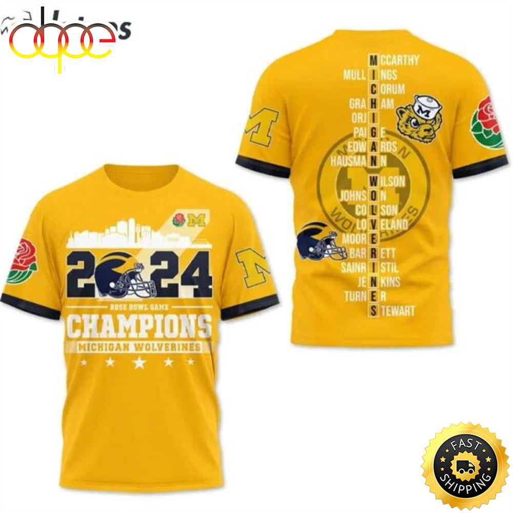 Yellow 2024 Rose Bowl Champs Michigan Football 3d Shirt Tshirt