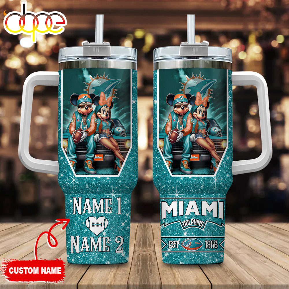 Miami Dolphins NFL Mickey And Minnie Couple 40oz Stanley Tumbler Custom Name