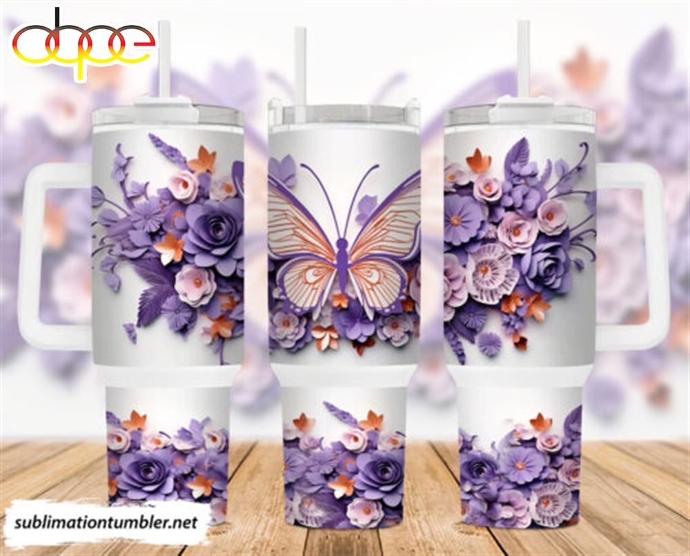 Mother Day 3d Purple Butterfly And Flowers 40 Oz 2 Piece Tumbler Wrap