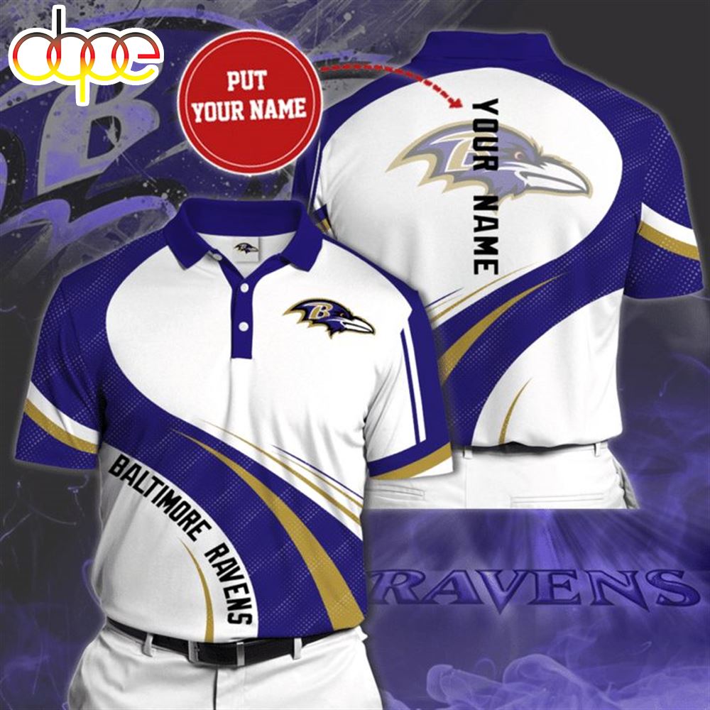 NFL Baltimore Ravens Custom Name White Purple Polo Shirt V4