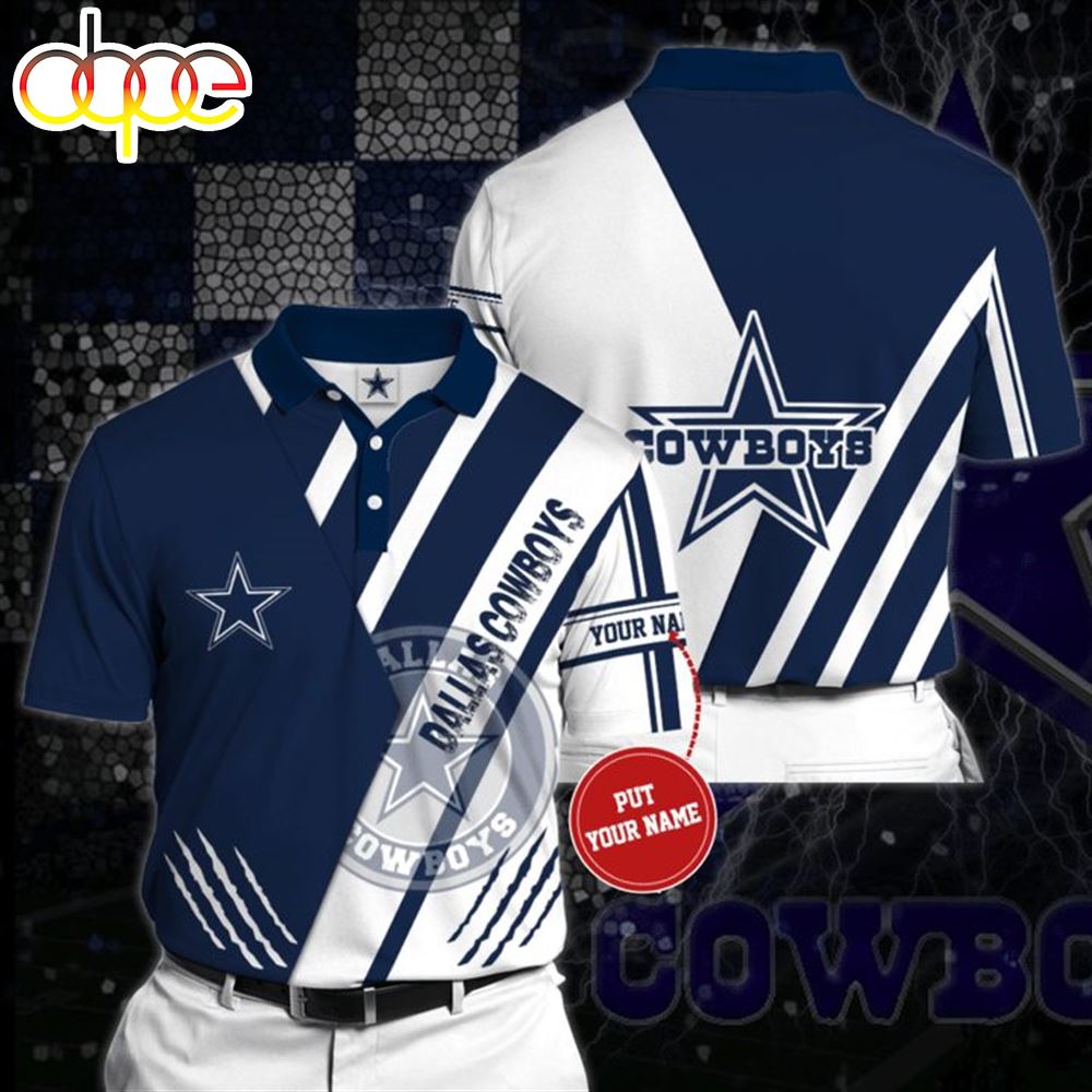 NFL Dallas Cowboys Custom Name Blue White Stripes Curve Polo Shirt V2