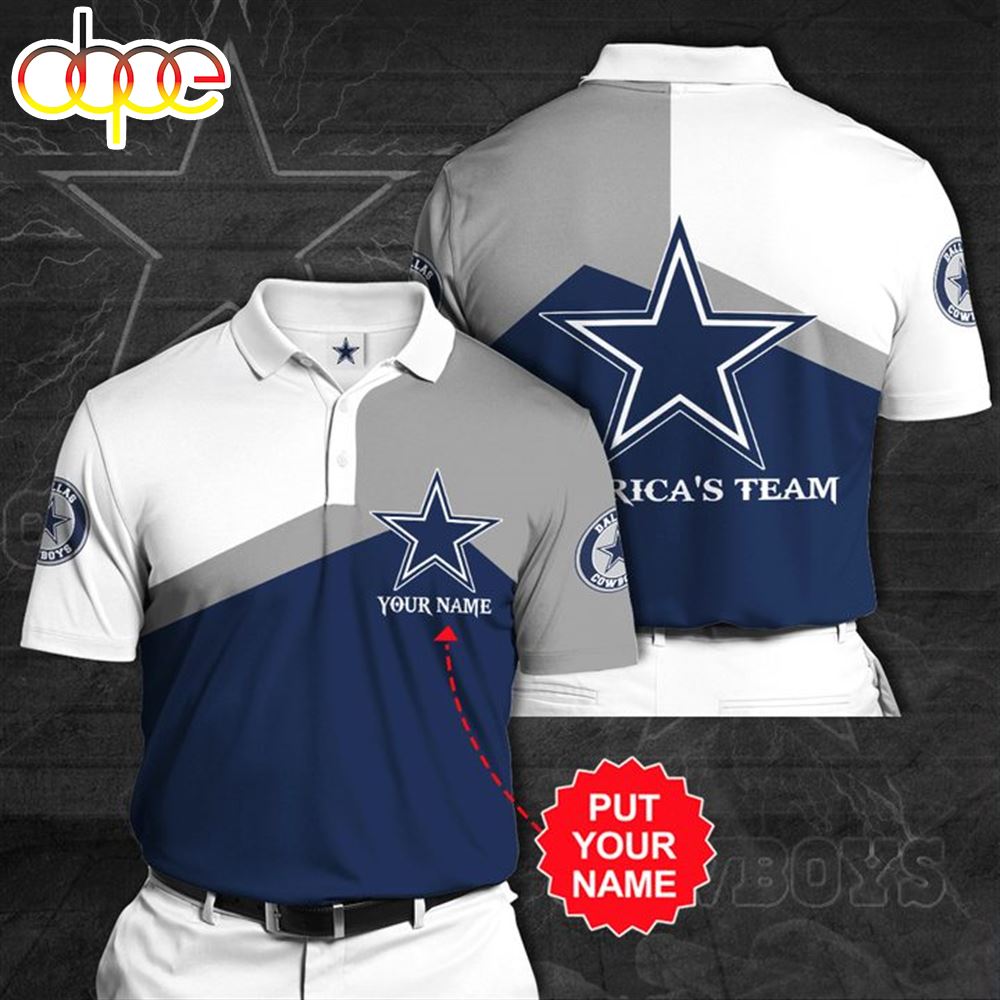 NFL Dallas Cowboys Custom Name White Grey Logo In Heart Polo Shirt