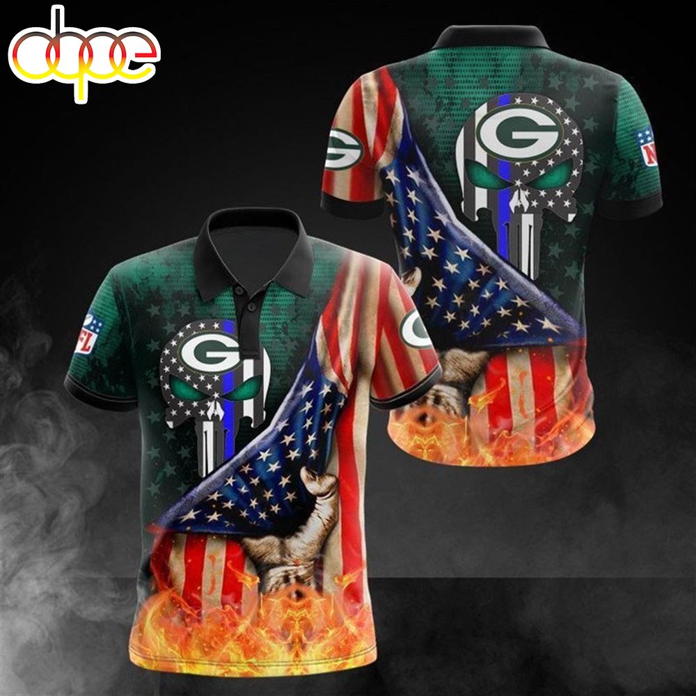 NFL Green Bay Packers American Flag Skull Polo Shirt V2