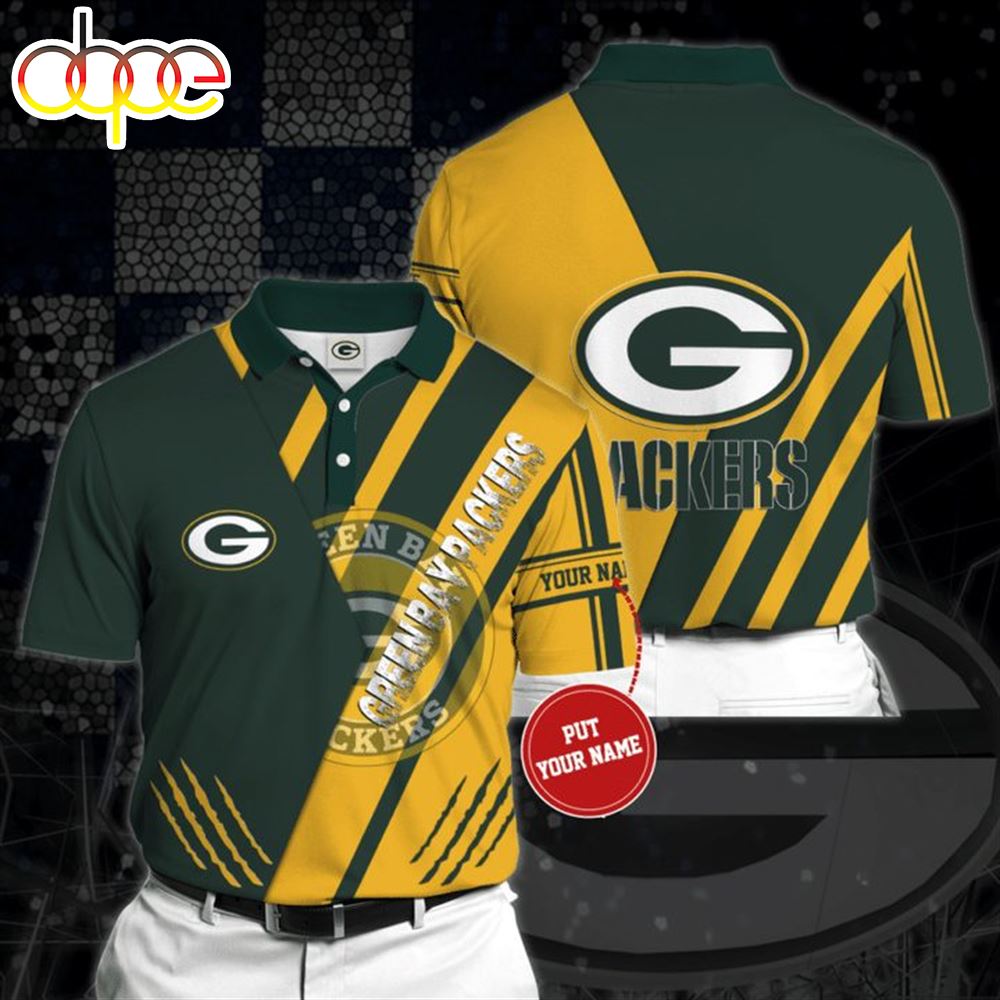 NFL Green Bay Packers Custom Name Green Yellow Stripes Polo Shirt