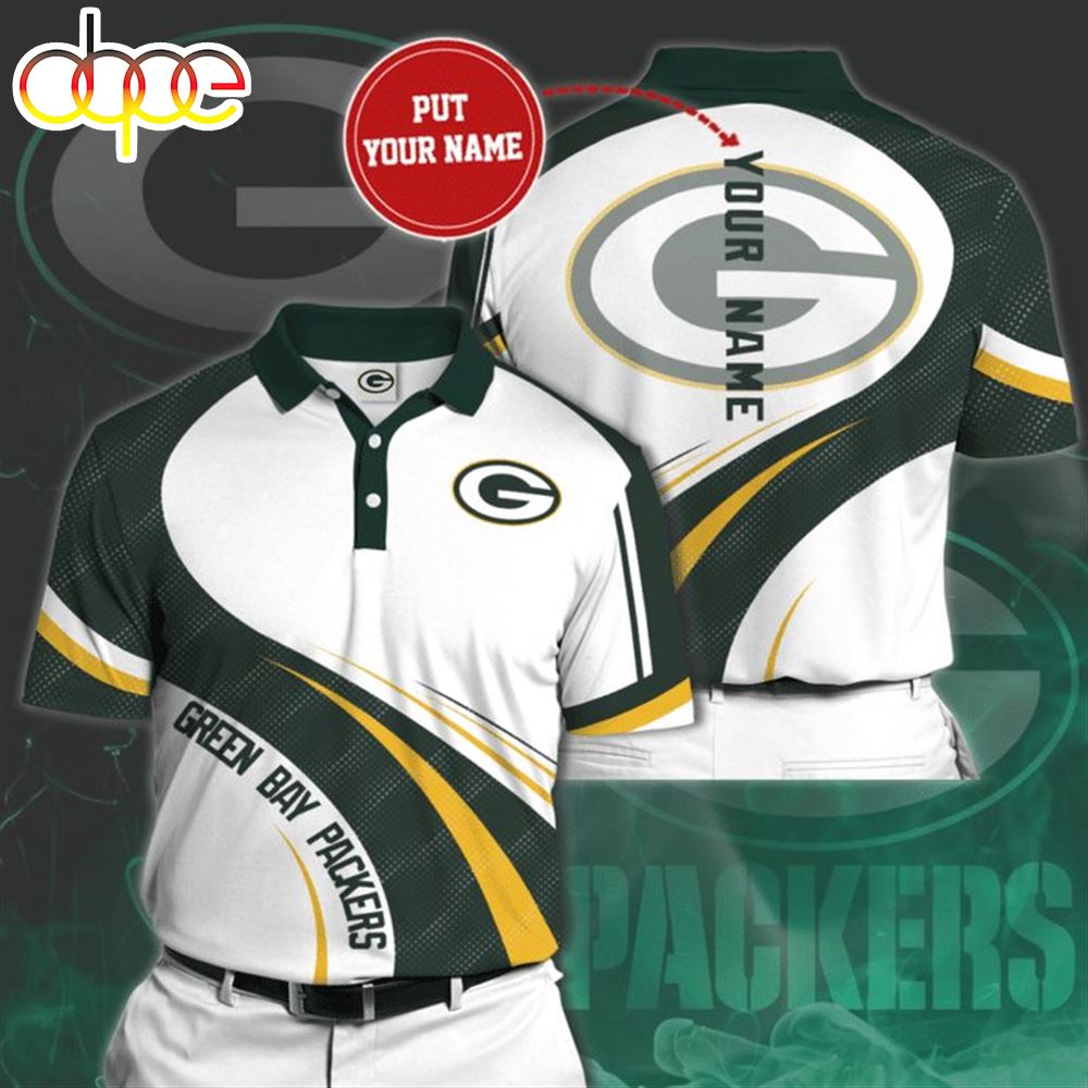 NFL Green Bay Packers Custom Name White Green Curve Polo Shirt