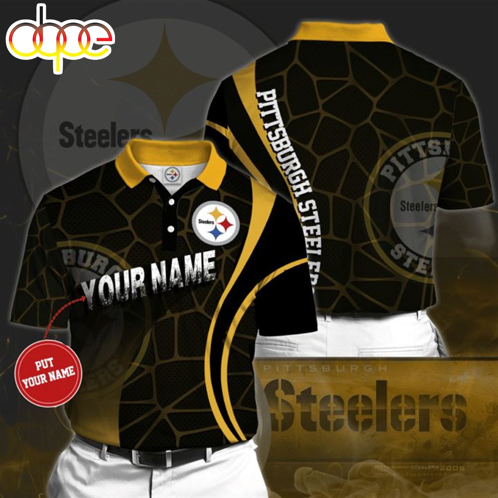 NFL Pittsburgh Steelers Custom Name Black Golden Curve Polo Shirt V2