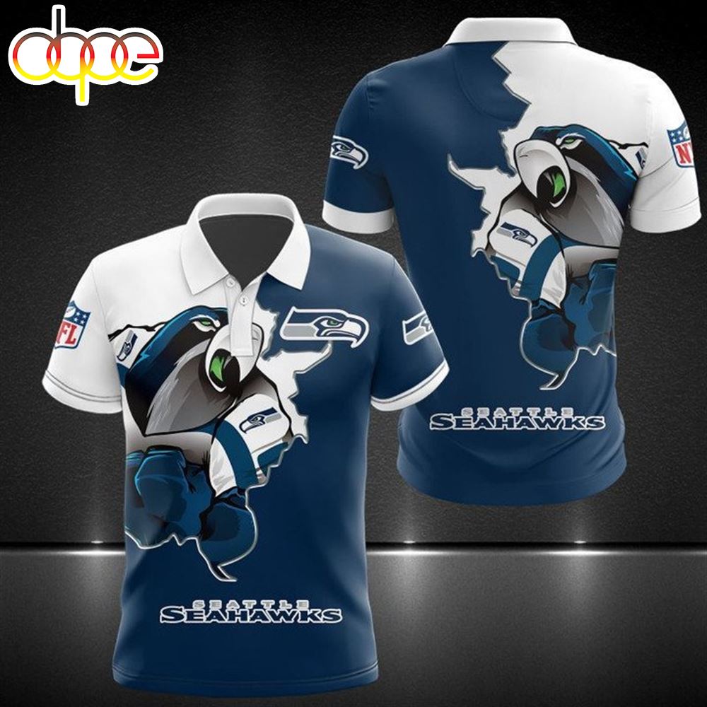 NFL Seattle Seahawks Navy White Mascot Polo Shirt