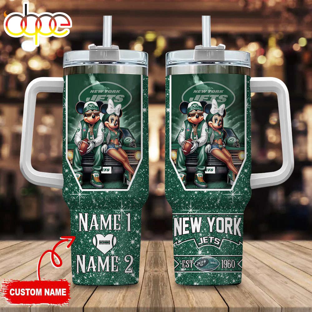 New York Jets NFL Mickey And Minnie Couple 40oz Stanley Tumbler Custom Name