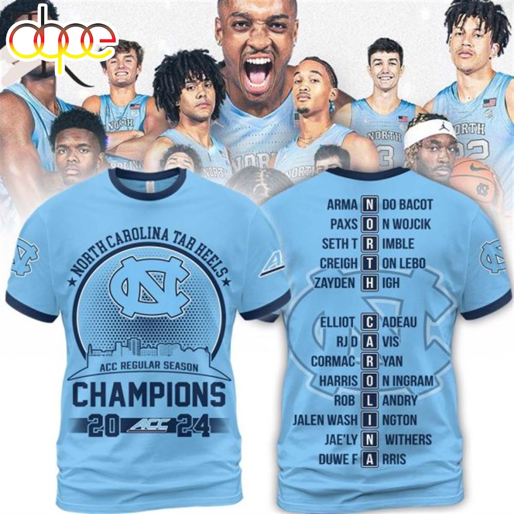 North Carolina Tar Heels Acc Regular Season Champions 2024 Blue 3d Shirt