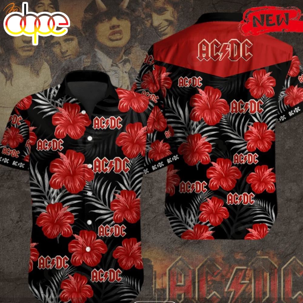 ACDC Rock Music Red Flowers Design Hawaiian Shirt