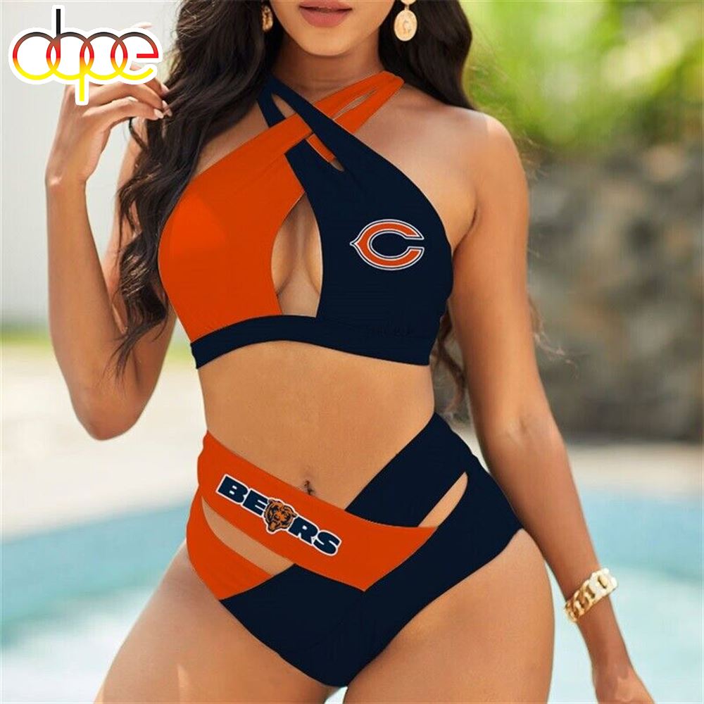 Chicago Bears 2PCS Halter Criss Cross Bikini Set Cut Out Bathing Suit Swimwear