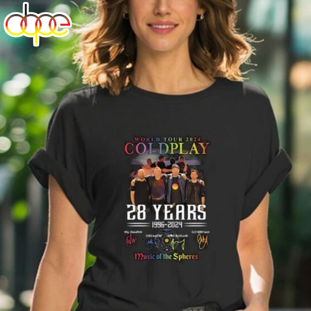 Coldplay World Tour 2024 28 Years 1996 2024 Music Of The Spheres Signatures T Shirt