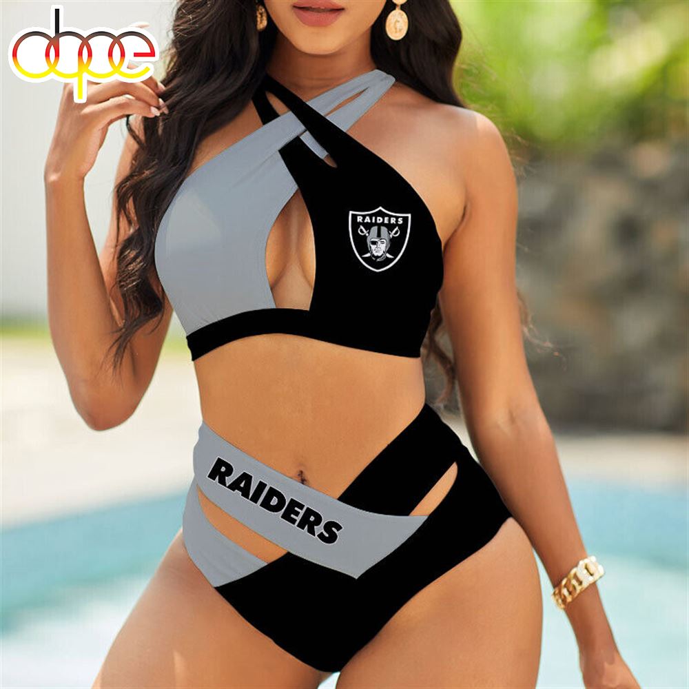 Raiders Las Vegas Womens 2Pcs Bikini Set Wrap Criss Cross High Waisted Swimsuit
