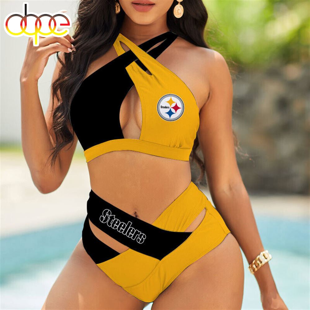 Steelers Pittsburgh Womens Wrap Cross 2Pcs Swimsuit Cutout High Waist Bikini Set