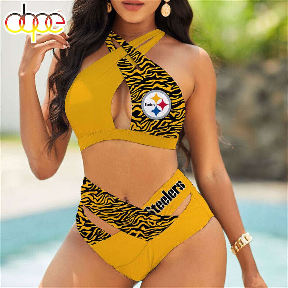 Steelers Pittsburgh Womens Wrap Cross NFL Swimsuit Cutout High Waist Bikini Set