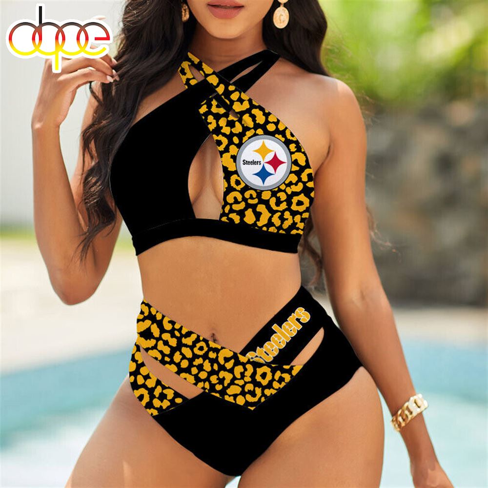 Steelers Pittsburgh Womens Wrap Cross Swimsuit Cutout High Waist Bikini Set