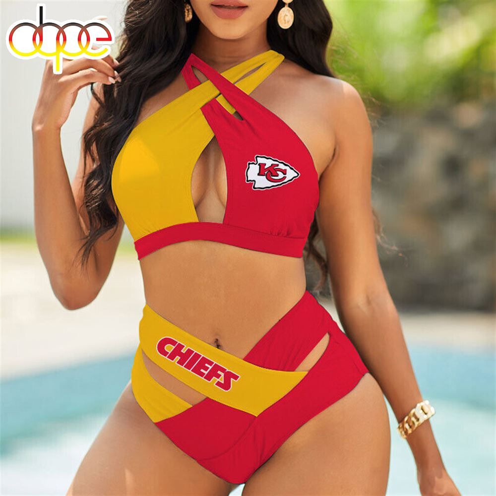 Chiefs Kansas City Womens 2PCS Bikini Swimsuit Cross Criss Cutout Bathing Suit