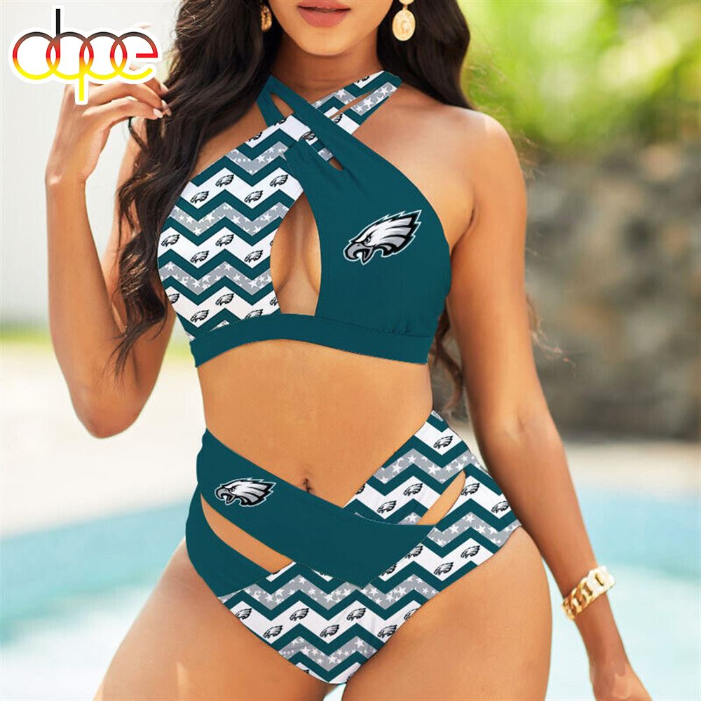 Eagles Philadelphia Womens Logo NFL Bikini Swimsuit Cross Criss Cutout Bathing Suit