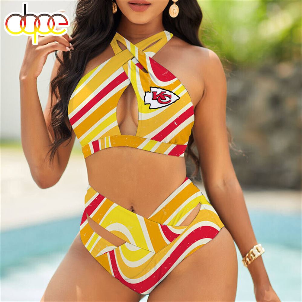 NFL Chiefs Kansas City Womens 2PCS Bikini Swimsuit Cross Criss Cutout Bathing Suit